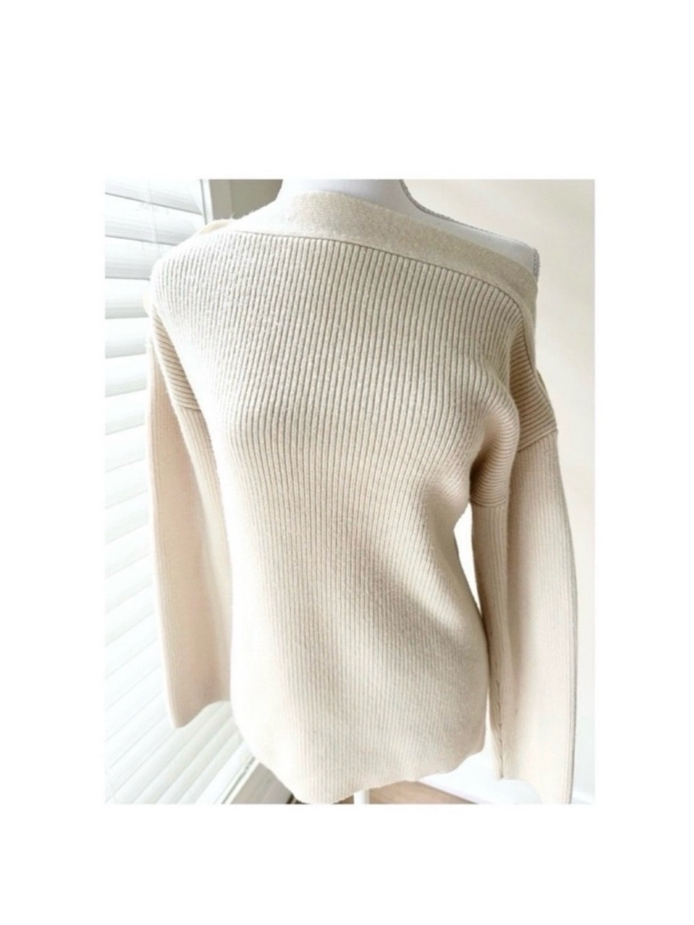All Saints Cream Off-Shoulder Ribbed Sweater - Picture 2 of 8